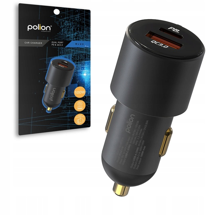 Ładowarka samochodowa do laptopa POLION USB-C USB-A 65W+35W QC3.0 PD 3A