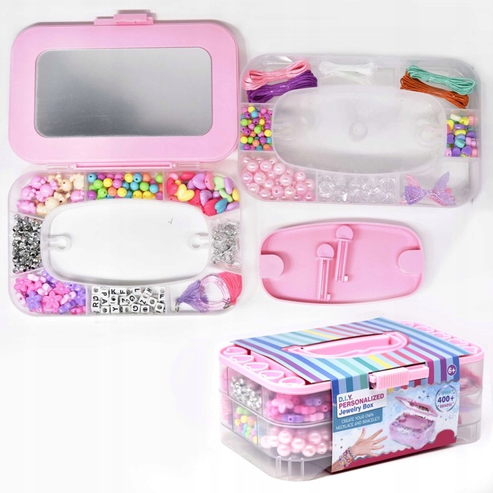 ZESTAW DO TWORZENIA BIŻUTERII BRANSOLETEK KORALIKI KUFEREK Z LUSTERKIEM