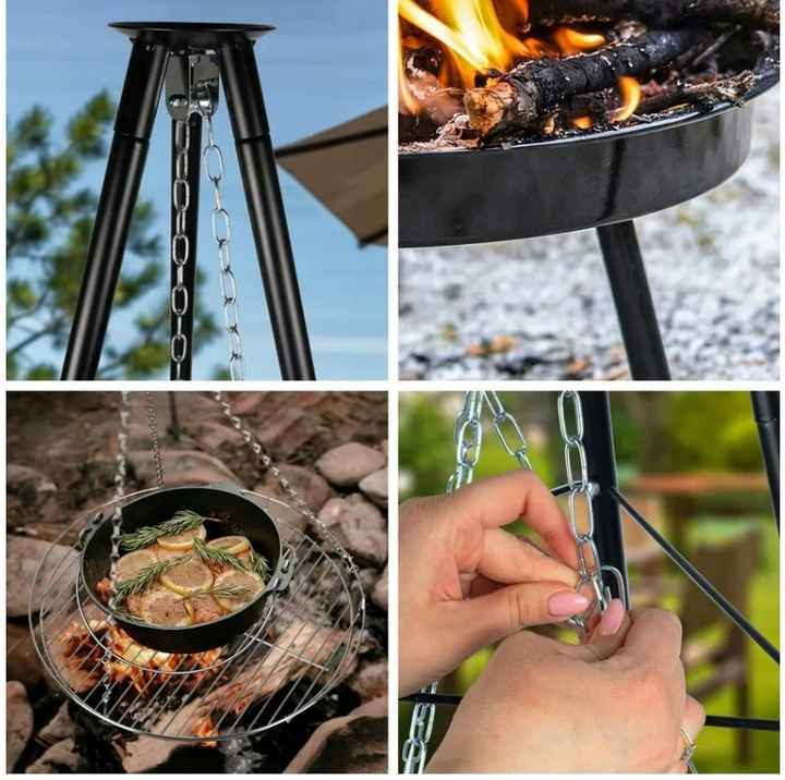 GRILL OGRODOWY WISZĄCY PALENISKO TRÓJNÓG DUŻY 50CM RUSZT + MATY WĘGLOWY