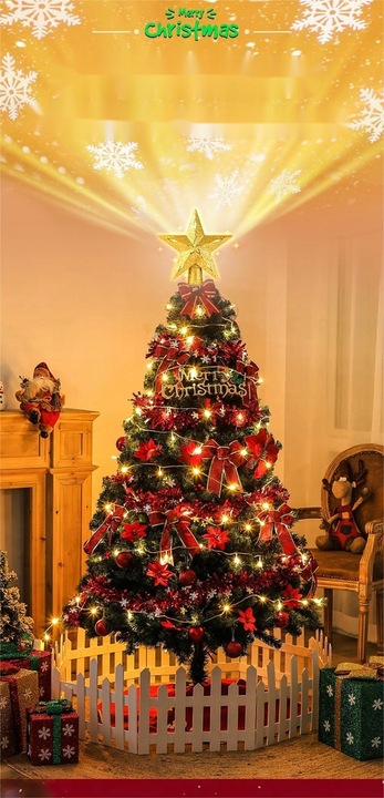 Projektor LED oświetla gwiazdy na czubku choinki, ozdoby świąteczne