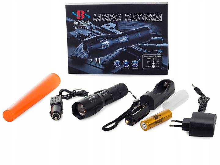LATARKA TAKTYCZNA BAILONG ZOOM LED CREE XM-L3-U3 WOJSKOWA MOCNA AKUMULATOR