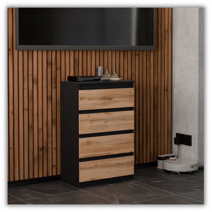 KOMODA Z SZUFLADAMI CZARNA DĄB WOTAN 60CM NOWOCZESN POJEMNA SZAFKA RTV