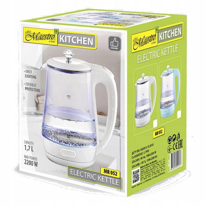 Czajnik elektryczny szklany Maestro 1,7l 2200W MR-052-WHITE