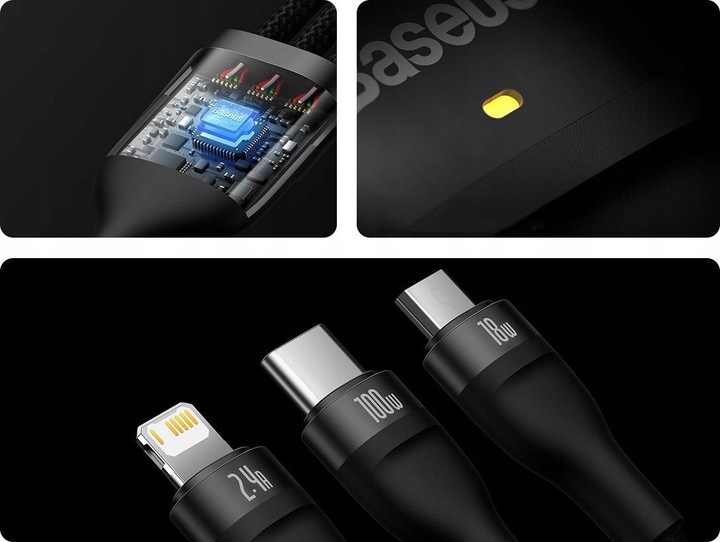 Kabel USB Baseus USBA USBC + microUSB + Lightning 1.2 m Czarny