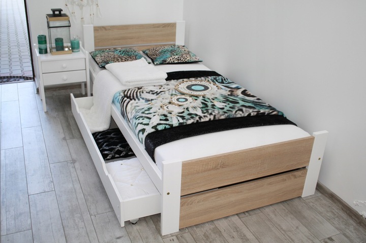 Łóżko pojedyncze drewniane LEA 90x200 białe Dąb Sonoma stelaż