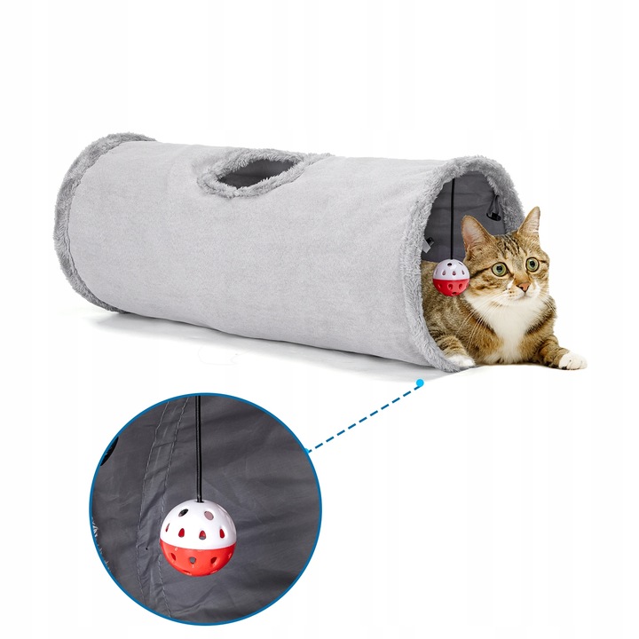 tunel dla kotów zamszowy aksamit z dzwoneczkiem piłeczka 60 cm składany