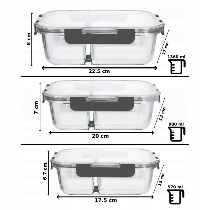 LUNCHBOX POJEMNIK SZKLANY NA ŻYWNOŚĆ ZESTAW 3SZT DWUKOMOROWE HERMETYCZNE