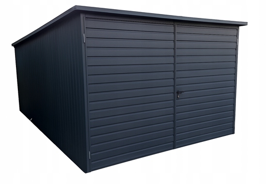 Garaż blaszany 3x5 grafit jednospadowy brama dwuskrzydłowa pion