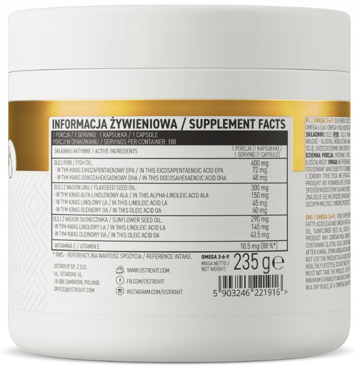 OstroVit OMEGA 3-6-9 kwasy tłuszczowe TRAN witamina E 180 kapsułek