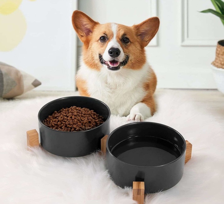 MISKA CERAMICZNA PODWÓJNA DLA PSA I KOTA 2 MISKI DREWNIANA PODSTAWA 2x400ml