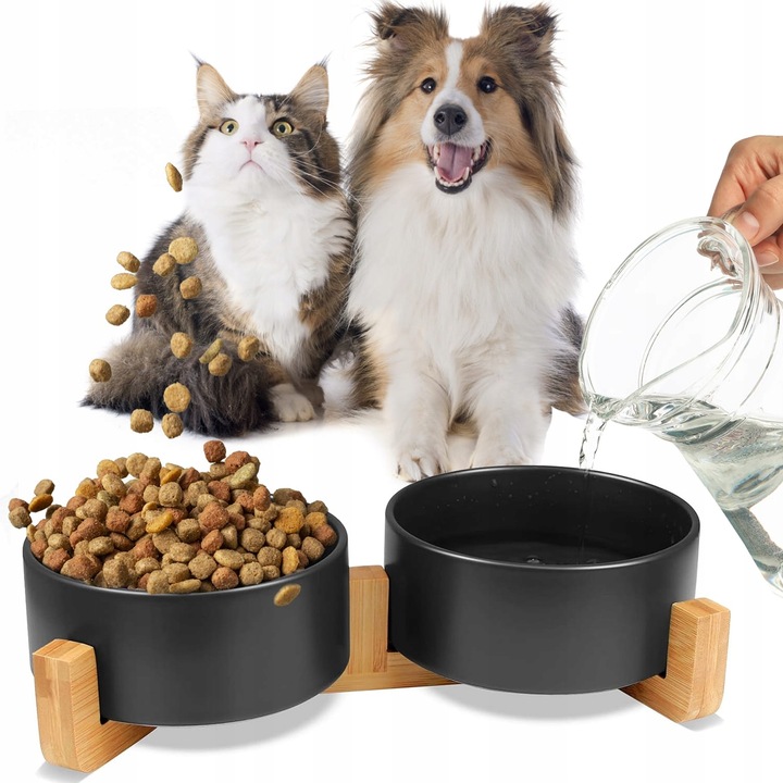 MISKA CERAMICZNA PODWÓJNA DLA PSA I KOTA 2 MISKI DREWNIANA PODSTAWA 2x400ml