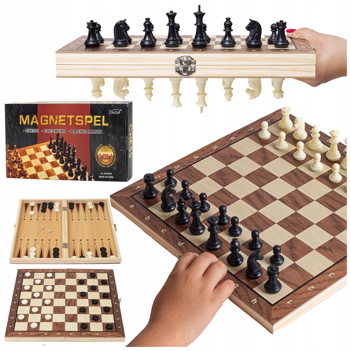 SZACHY DREWNIANE MAGNETYCZNE KLASYCZNE DUŻE WARCABY BACKGAMON GRA 3W1 34X34