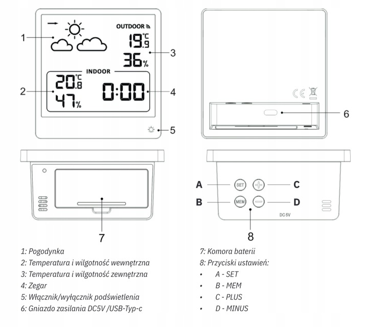STACJA POGODOWA METEO SP200 Z POGODYNKA EKRAN LCD CZUJNIK