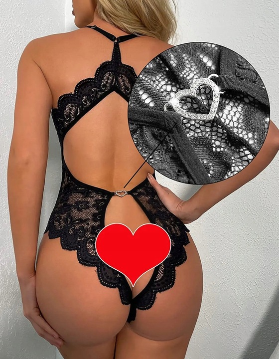 CZARNE ELEGANCKIE BODY KORONKOWE erotyczne otwarty krok zmysłowe BO06 M/L