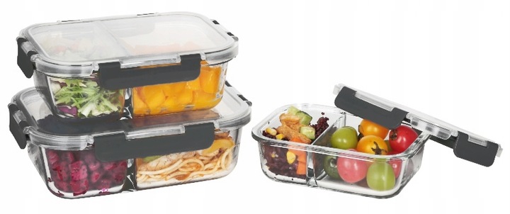 LUNCHBOX POJEMNIK SZKLANY NA ŻYWNOŚĆ ZESTAW 3SZT DWUKOMOROWE HERMETYCZNE