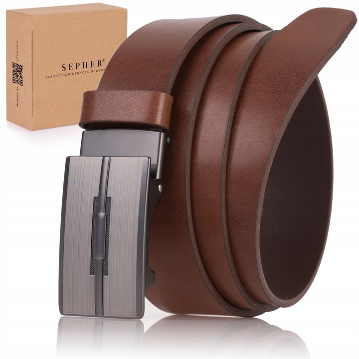 Pasek SKÓRZANY Męski SEPHER Automat BRĄZOWY spodni