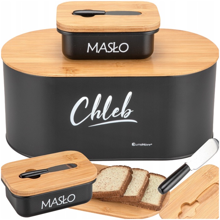 CHLEBAK BAMBUSOWY DREWNIANY CZARNY METALOWY Z MASELNICZKĄ NOŻYKIEM DO