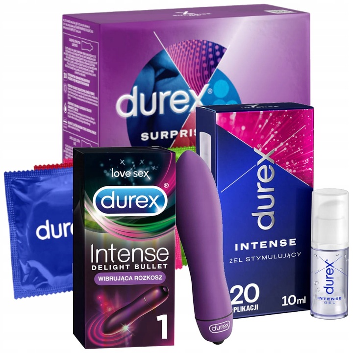 MEGA ZESTAW DUREX Prezerwatywy Surprise ME Żel Orgasmic INTENSE wibrator