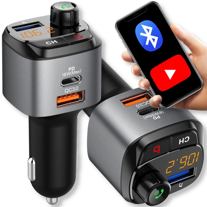 TRANSMITER SAMOCHODOWY FM BLUETOOTH ZESTAW GŁOŚNO MÓWIĄCY ŁADOWARKA QC