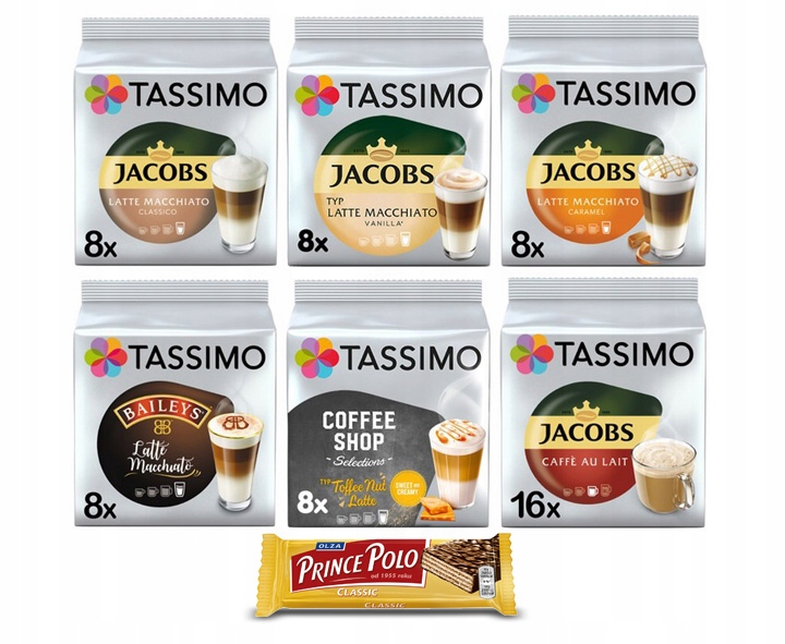 Kapsułki Tassimo zestaw kawy mleczne, 5+1 opakowanie + Prince Polo GRATIS