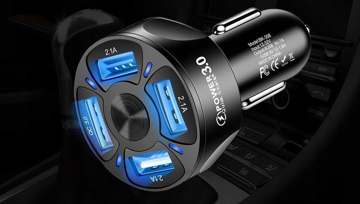 MOCNA SZYBKA ŁADOWARKA SAMOCHODOWA 4x USB PD QC 3.0 DO TELEFONU + KABEL