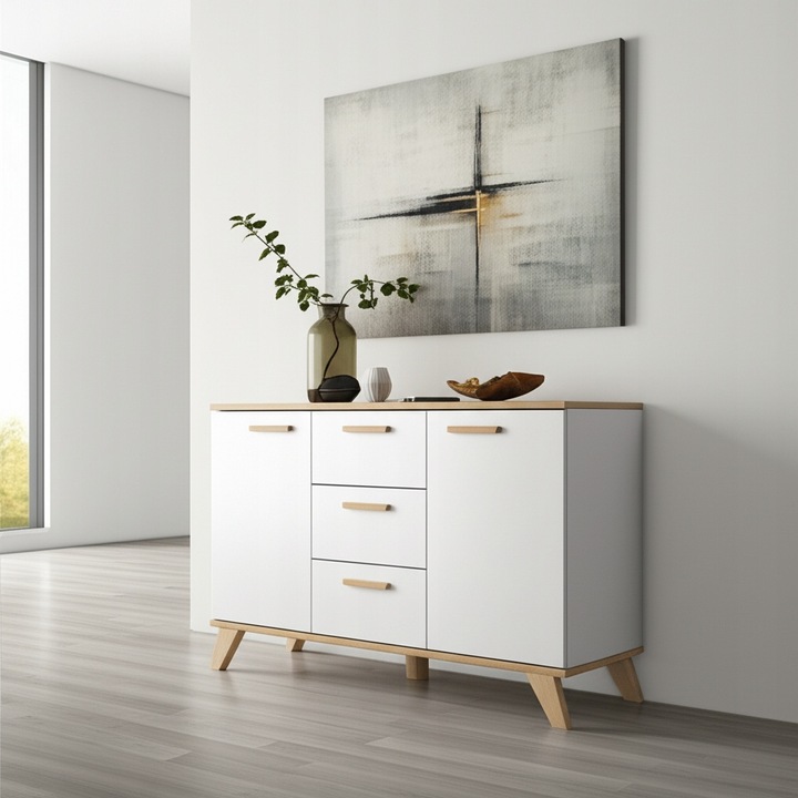 Komoda Szafka BIAŁY MAT Pojemna Dąb Wotan Szuflady Drzwi Salon 120cm