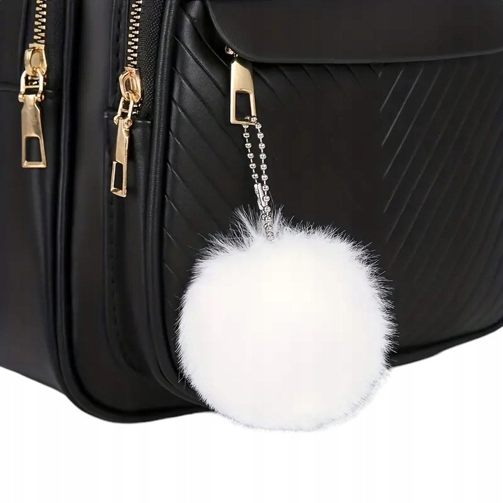 Plecak Torebka 2w1 Damski Eko Skóra Czarny Brelok Pompon Biały Prezent