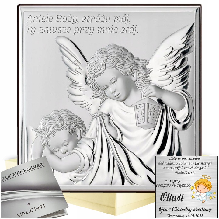 OBRAZEK SREBRNY NA CHRZEST ELEGANCKA UROCZA PAMIĄTKA ANIOŁEK Z GRAWEREM