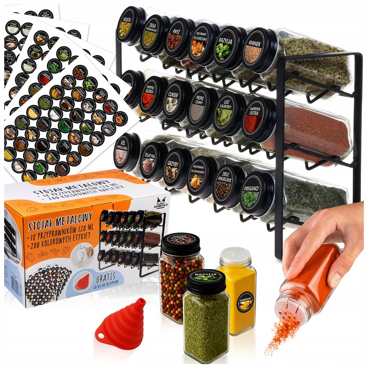 18x POJEMNIKI NA PRZYPRAWY STOJAK PRZYPRAWNIK NAKLEJKI NA PRZYPRAWY +GRATIS
