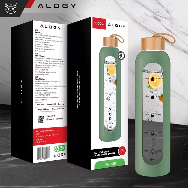 BUTELKA SZKLANA NA WODĘ BIDON MOTYWACYJNA SZCZELNA SILIKONOWE ETUI 1000 ML