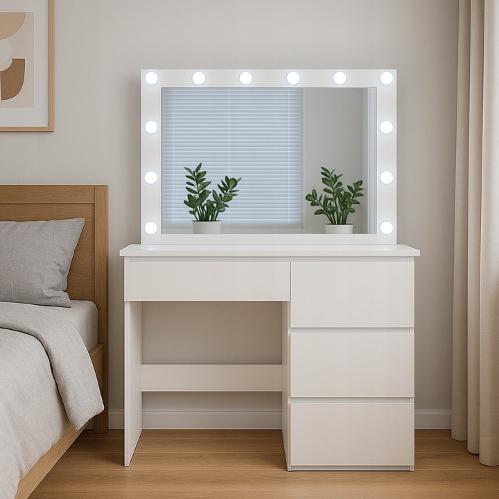 TOALETKA KOSMETYCZNA 90cm BIAŁA Z LUSTREM I OŚWIETLENIEM LED STORMY