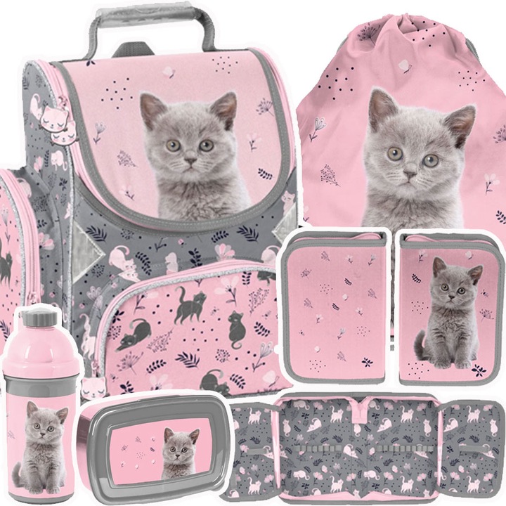 TORNISTER SZKOLNY PLECAK DLA DZIEWCZYNKI DO 1 KLASY KOT KOTEK 5 ELEMENTÓW