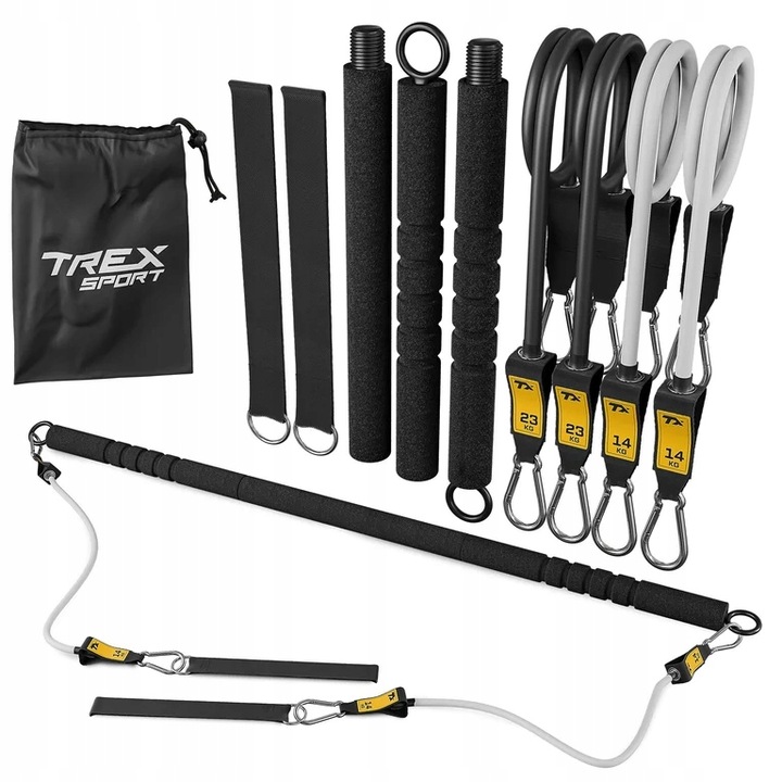 Drążek do ćwiczeń pilatesu kij 4x gumy oporowe ekspandery + etui Trex