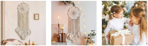 MAKRAMA NA ŚCIANĘ BOHO ŁAPACZ SNÓW OZDOBA ŚCIENNA ZE SZNURKA LIŚCIE OZDOBNE