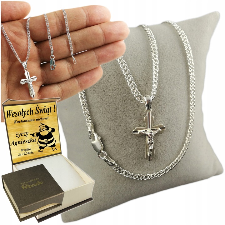 Srebrny Łańcuszek Rombo Doppia z Krzyżykiem Srebro 925 Grawer GRATIS