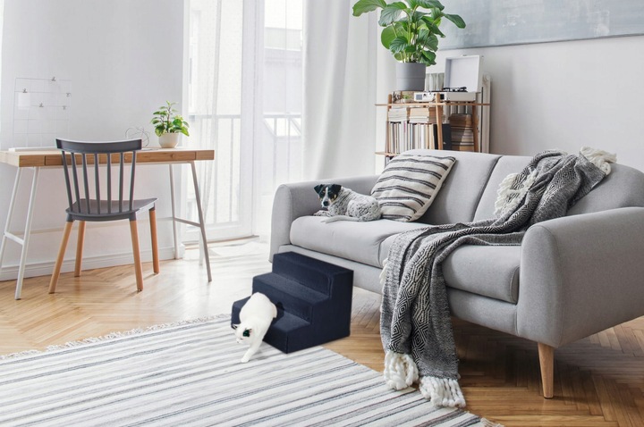 Schodki dla psa 3-stopnie tapicerowane granatowe podest dla psa do kanapy