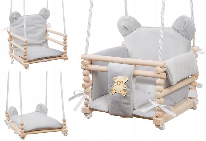 Huśtawka dla dziecka 3w1 z drewna z oparciem 6m+ do domu ogrodu Beżowa