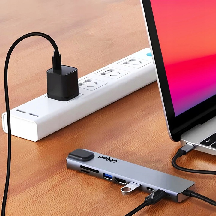 Adapter HUB 8w1 POLION USB-C przejściówka USB 3.0 PD HDMI 4K SD LAN