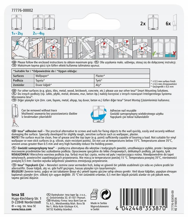 TESA Gwóźdź samoprzylepny do tynku i tapety - haczyki na klej białe