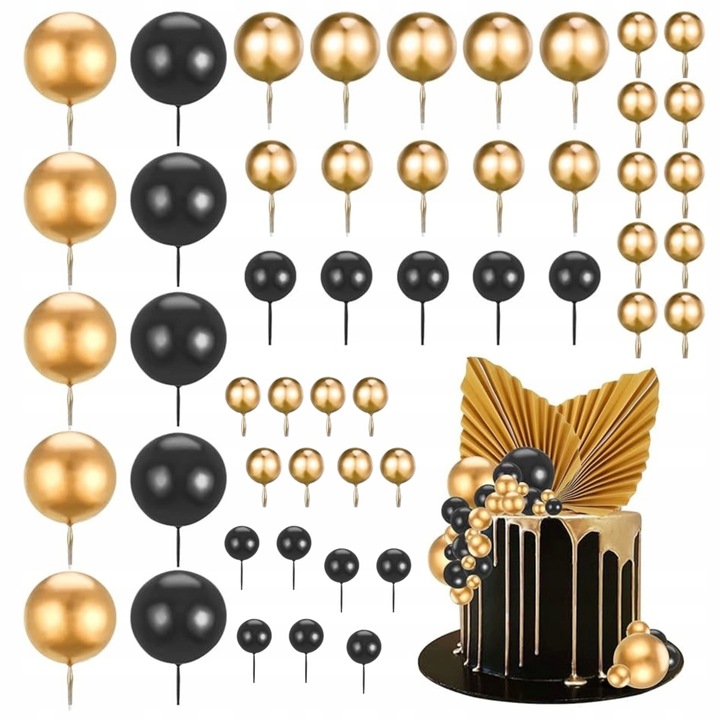 Ozdoby na tort dekoracje komunijne topper na tort złote czarne kule na piku