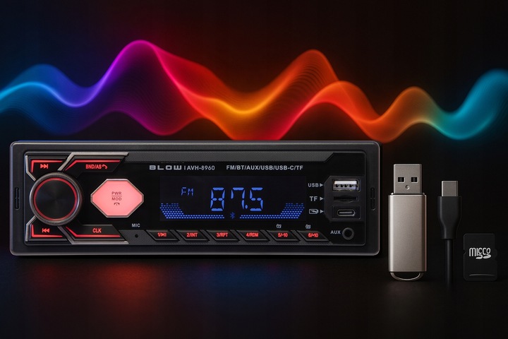 RADIO SAMOCHODOWE BLUETOOTH 1-DIN RDS USB-C AUX RCA SD MP3 LCD