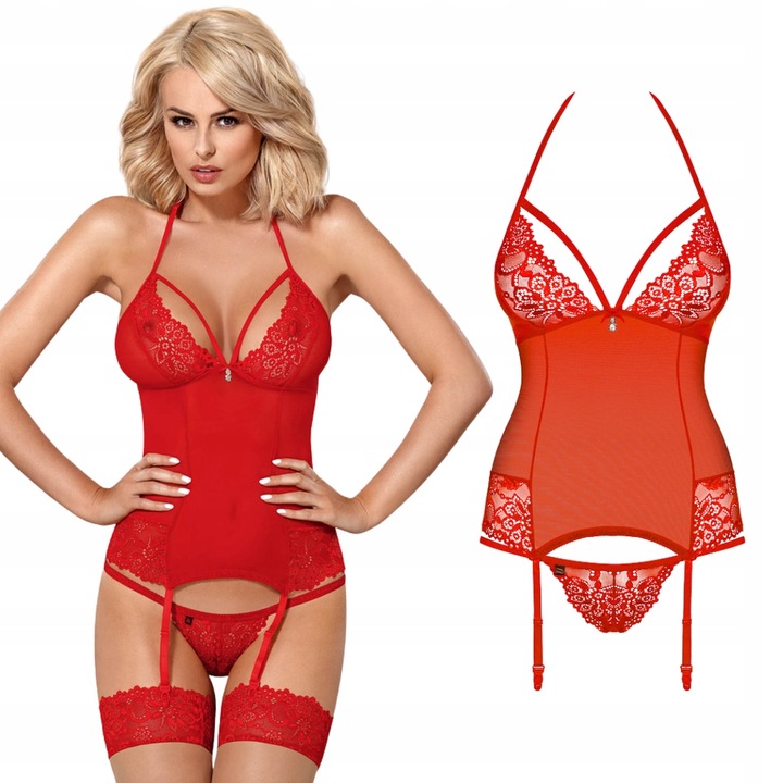 Seksowny gorset i stringi Obsessive czerwony S/M ozdobne strapsy
