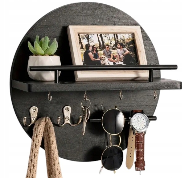 DREWNIANY WIESZAK ŚCIENNY NA KLUCZE KURTKI DO PRZEDPOKOJU PÓŁKA CZARNY