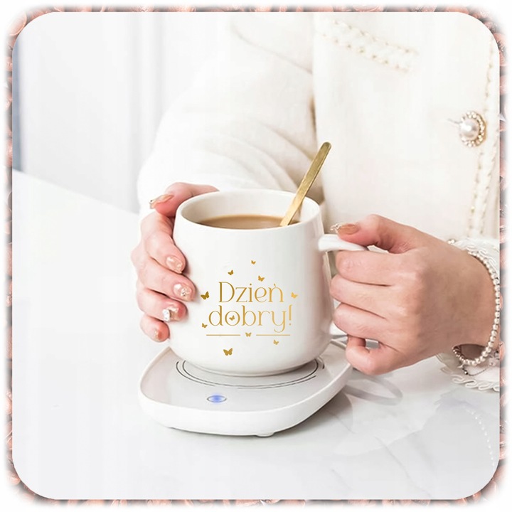 ZESTAW PREZENTOWY PODGRZEWACZ KABEL KUBEK POKRYWKA ŁYŻECZKA DO KAWY