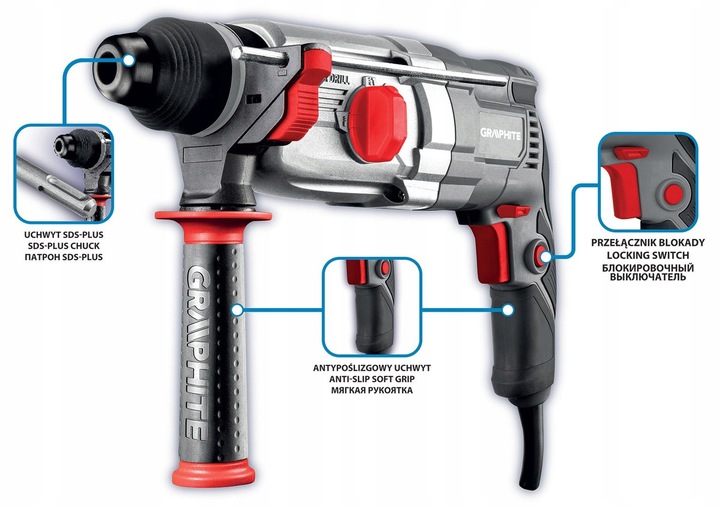 GRAPHITE MŁOTOWIERTARKA SDS+ udar 3.4J 900W 4 funkcje WIERTARKA 58G539