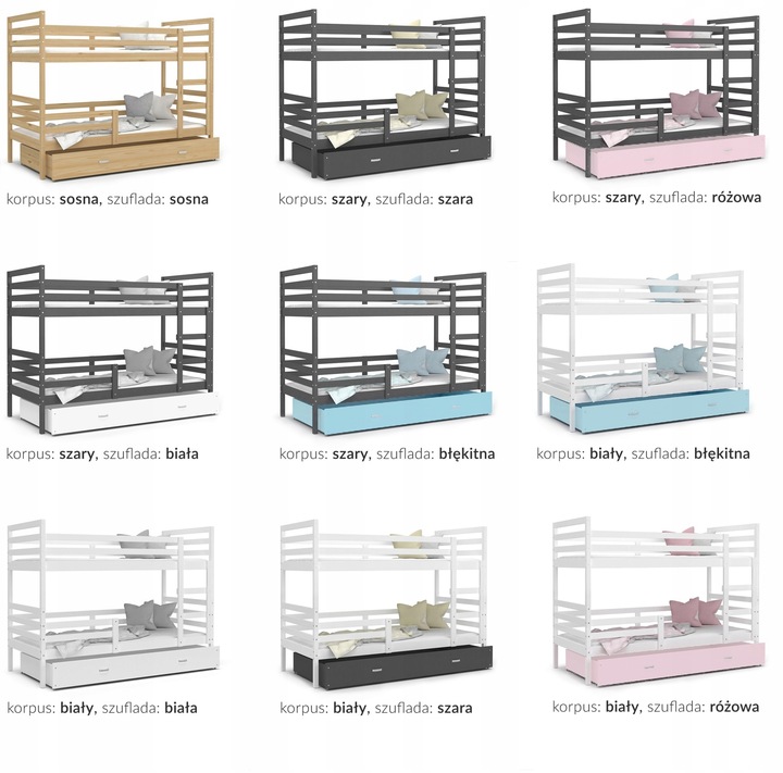 Łóżko piętrowe 190x80 szuflada + materace JACEK