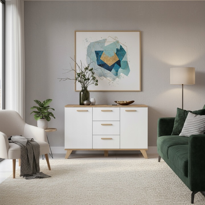 Komoda Szafka BIAŁY MAT Pojemna Dąb Wotan Szuflady Drzwi Salon 120cm