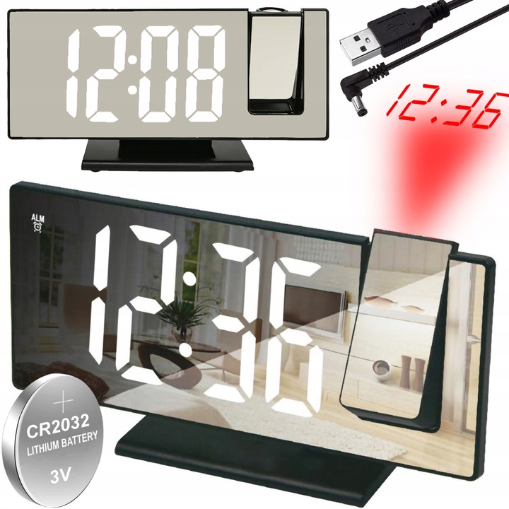 ZEGARY BUDZIK ELEKTORNICZNY CYFROWY Z PROJEKTOREM LED LUSTRO TERMOMETR