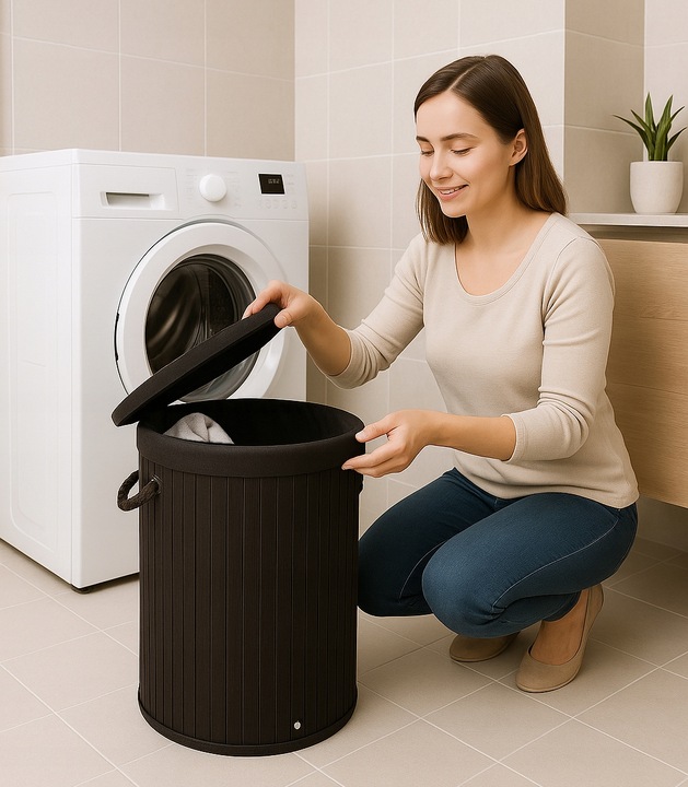 OKRĄGŁY KOSZ NA PRANIE BIELIZNĘ BAMBUSOWY ZAMYKANY SKŁADANY POJEMNY OVAL BL