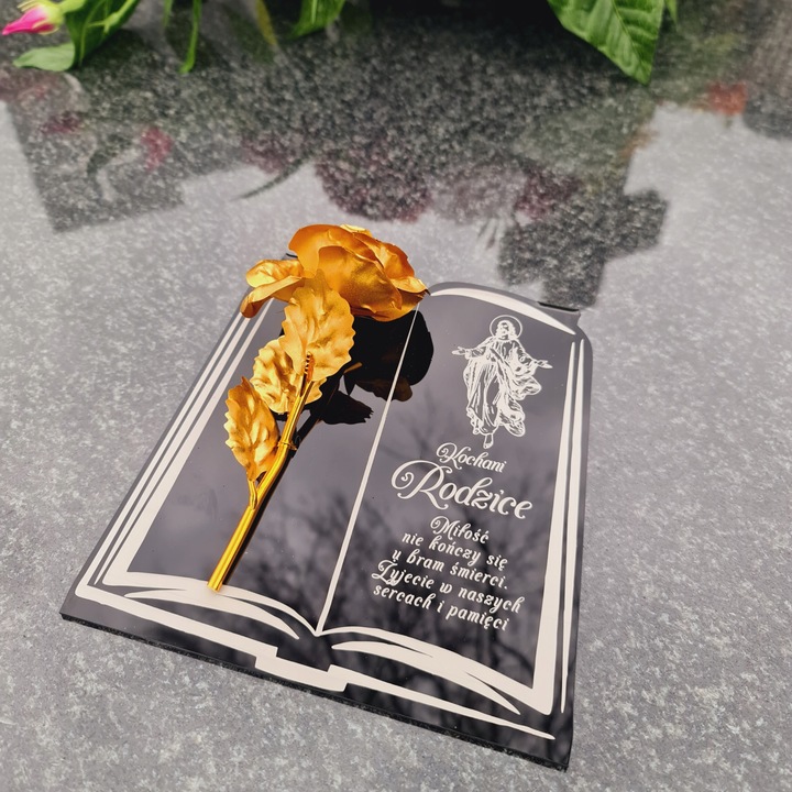 DEKORACJA na grób GRAWEROWANY ZNICZ podstawka na cmentarz RÓŻA DLA